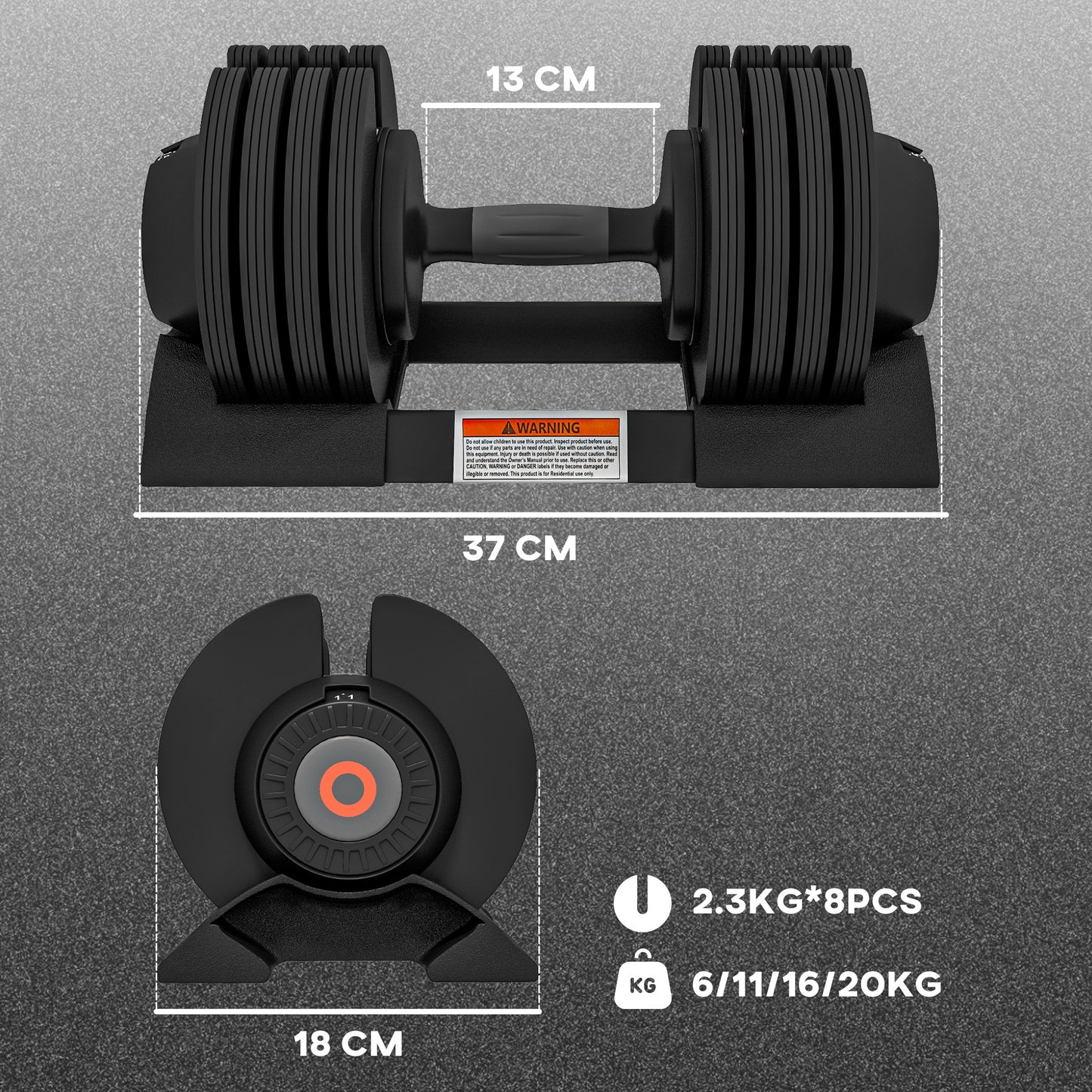 SPORTNOW 2 x 20KG Adjustable Dumbbells Set, 4-in-1 Weights Set with Storage Tray and Non-Slip Handle, Home Gym Fitness Equipment in Black