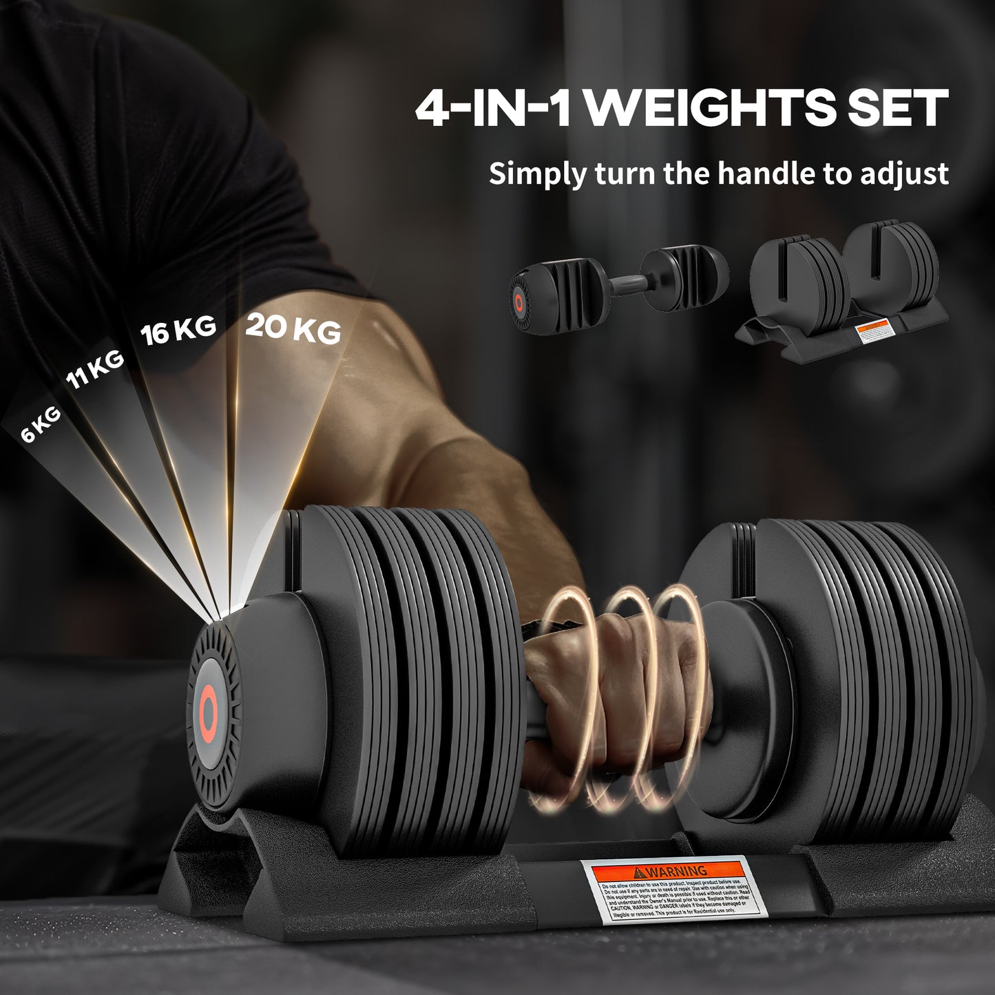 SPORTNOW 2 x 20KG Adjustable Dumbbells Set, 4-in-1 Weights Set with Storage Tray and Non-Slip Handle, Home Gym Fitness Equipment in Black